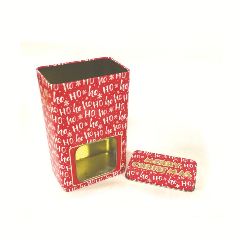 Christmas Food Safe Rectangular Tall Metal Candy Tin Box with Clear Window