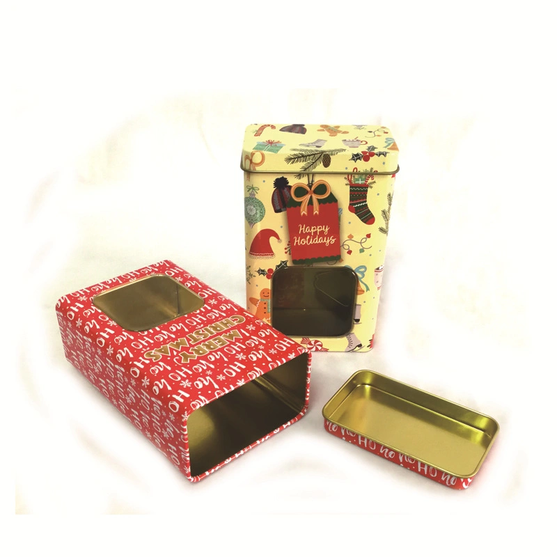 Christmas Food Safe Rectangular Tall Metal Candy Tin Box with Clear Window
